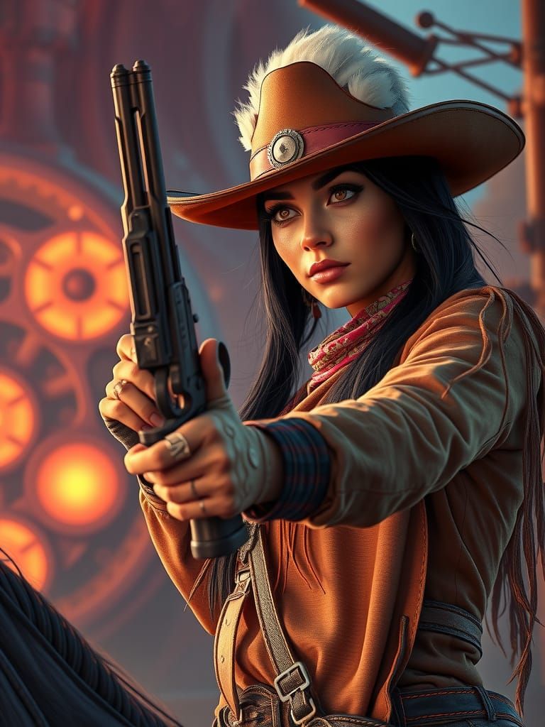 Native American Gunslinger in Steampunk Wild West