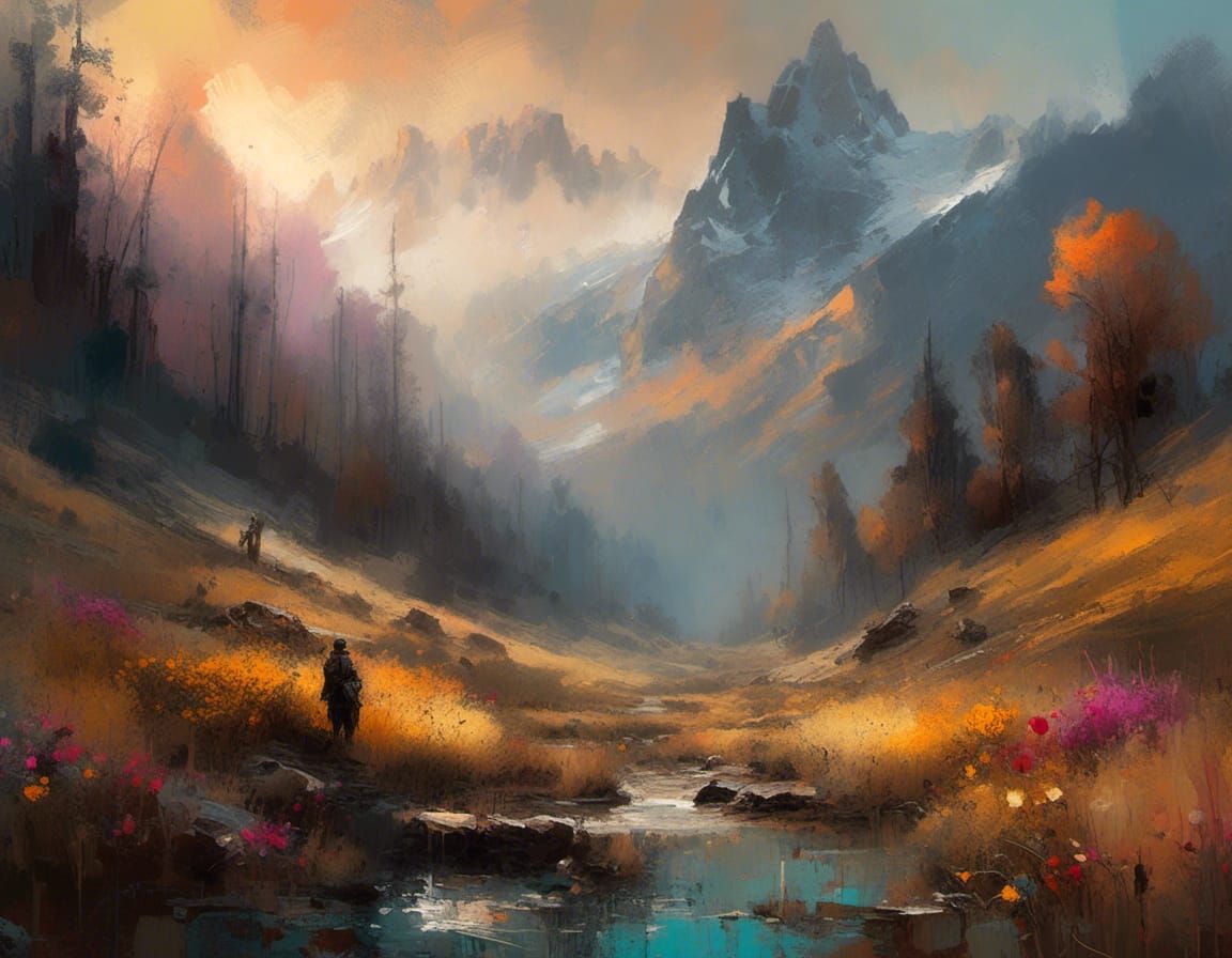 Foggy landscape at golden hour