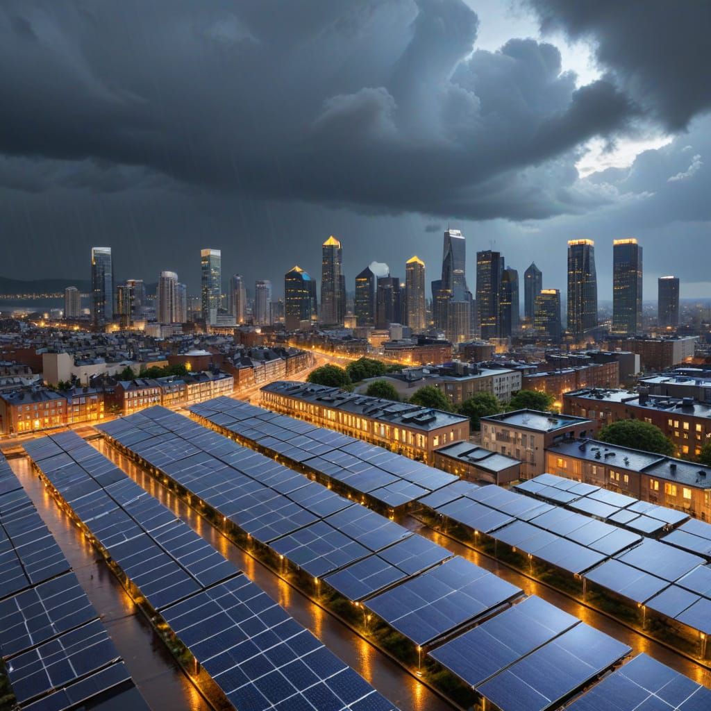Surreal Solarpunk City Under Evening Rain
