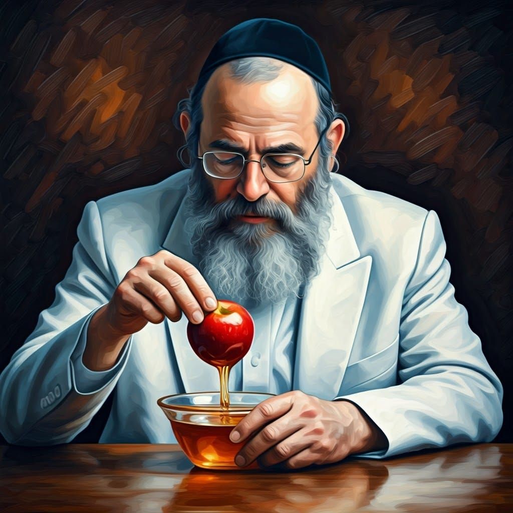 Orthodox Jew Dipping Apple in Honey, Neo-Impressionist Style
