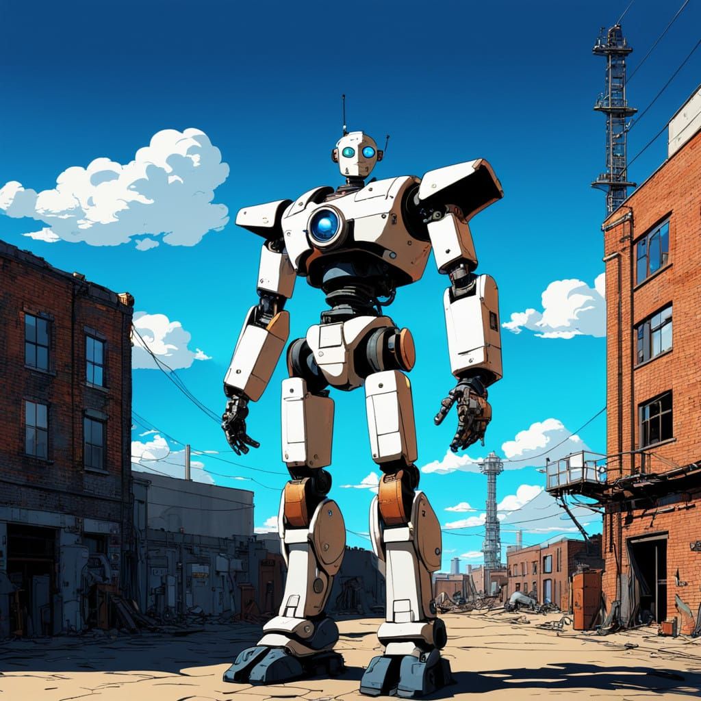 Cyborg Robot in Distressed Industrial Landscape with Blue Sk...