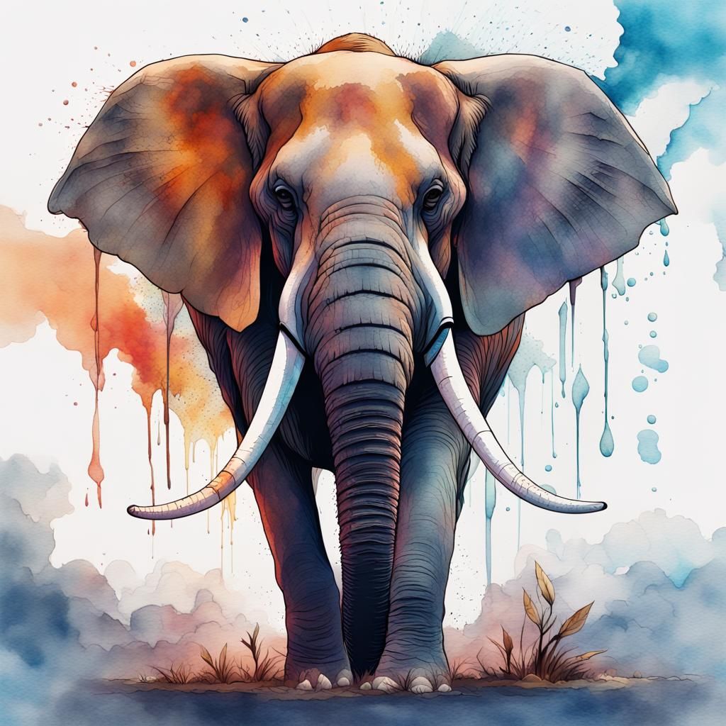 Elephant in Detailed Watercolor Line Art