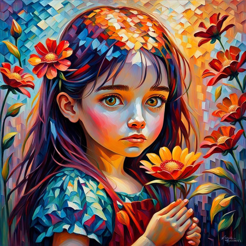 Girl with Red Flower: Neo-Impressionist Oil Painting