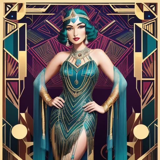 Art Deco Burlesque Woman in Flapper Gown