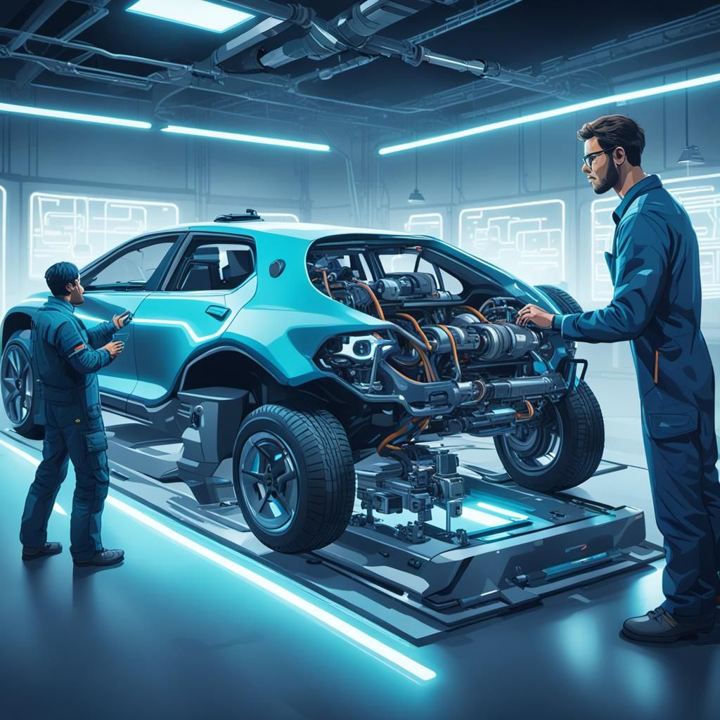 Mechanic Repairs a Futuristic Car: Animated Scene