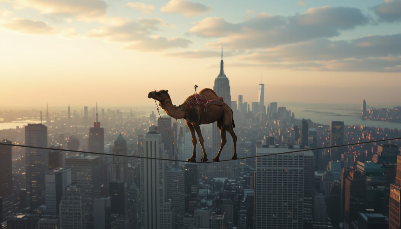 Camel Walks Tightrope Over Manhattan in Moody HDR