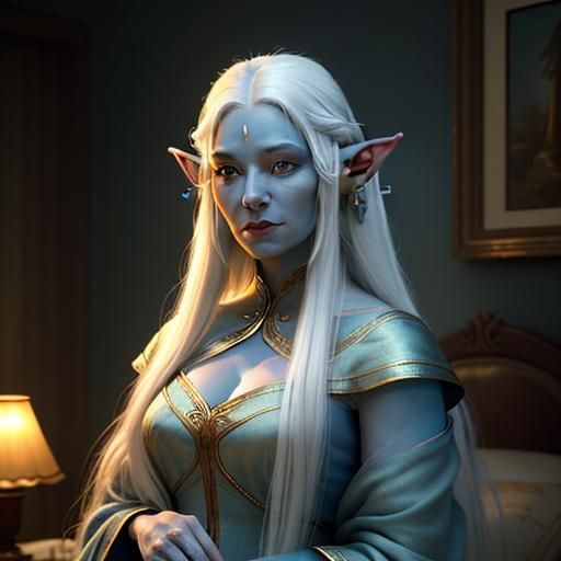 Blue-Skinned Woman in Warm, Cozy Room: Photorealistic Portra...