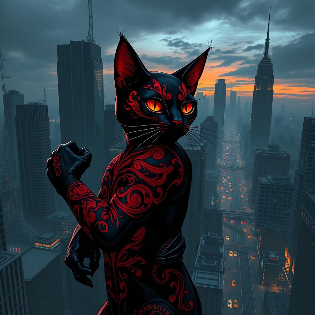 Cyberpunk Tattooed Cat in Futuristic Cityscape