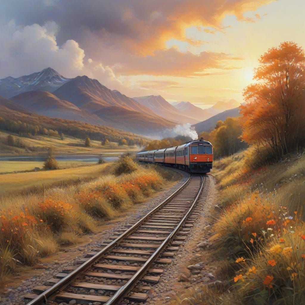 Vintage Train at Sunrise in Blooming Countryside