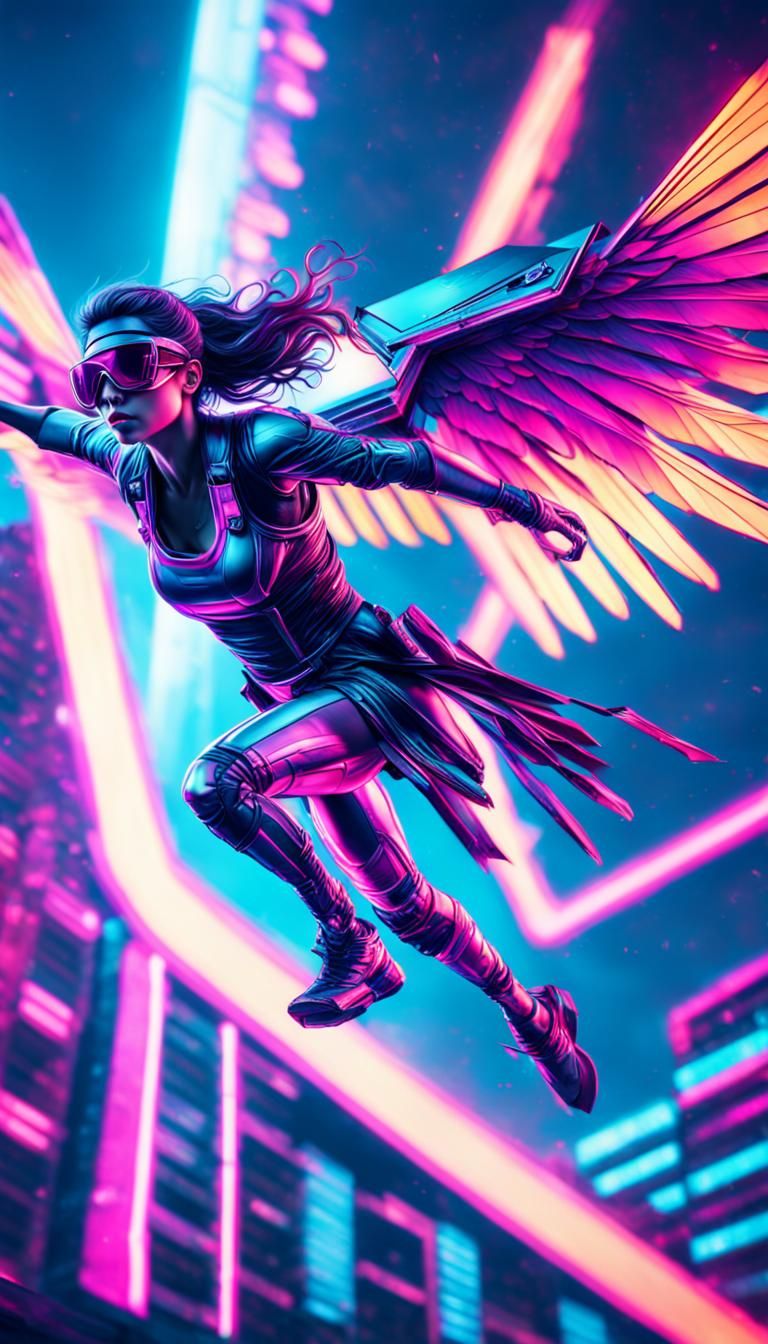 Synthwave Flying Girl: Hyperrealistic 64 Megapixel Art