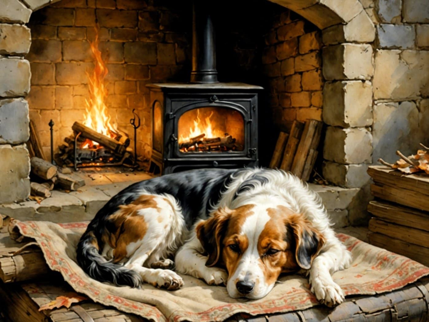 Sleeping Dog by Crackling Fireplace in Cosy Cottage