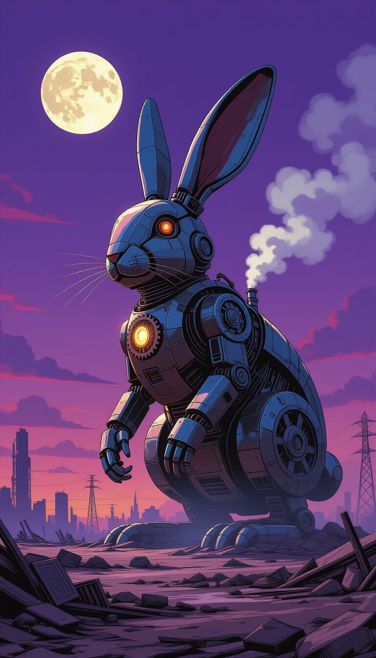 Colossal Mechanical Rabbit in Post-Apocalyptic Wasteland