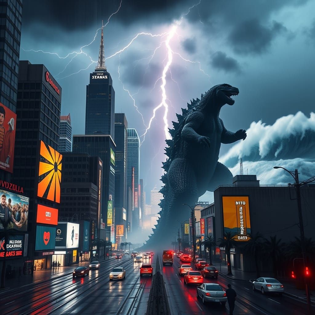 Surreal Stormy Cityscape Illuminated by Lightning and Epic M...