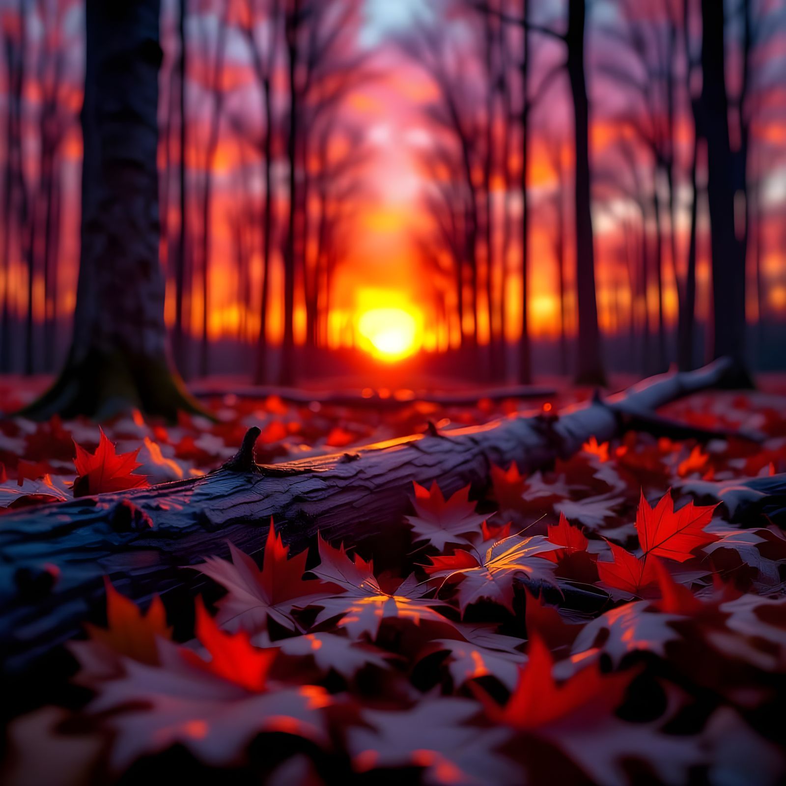 Hyper-Realistic Fallen Trees in Fiery Sunset Hues