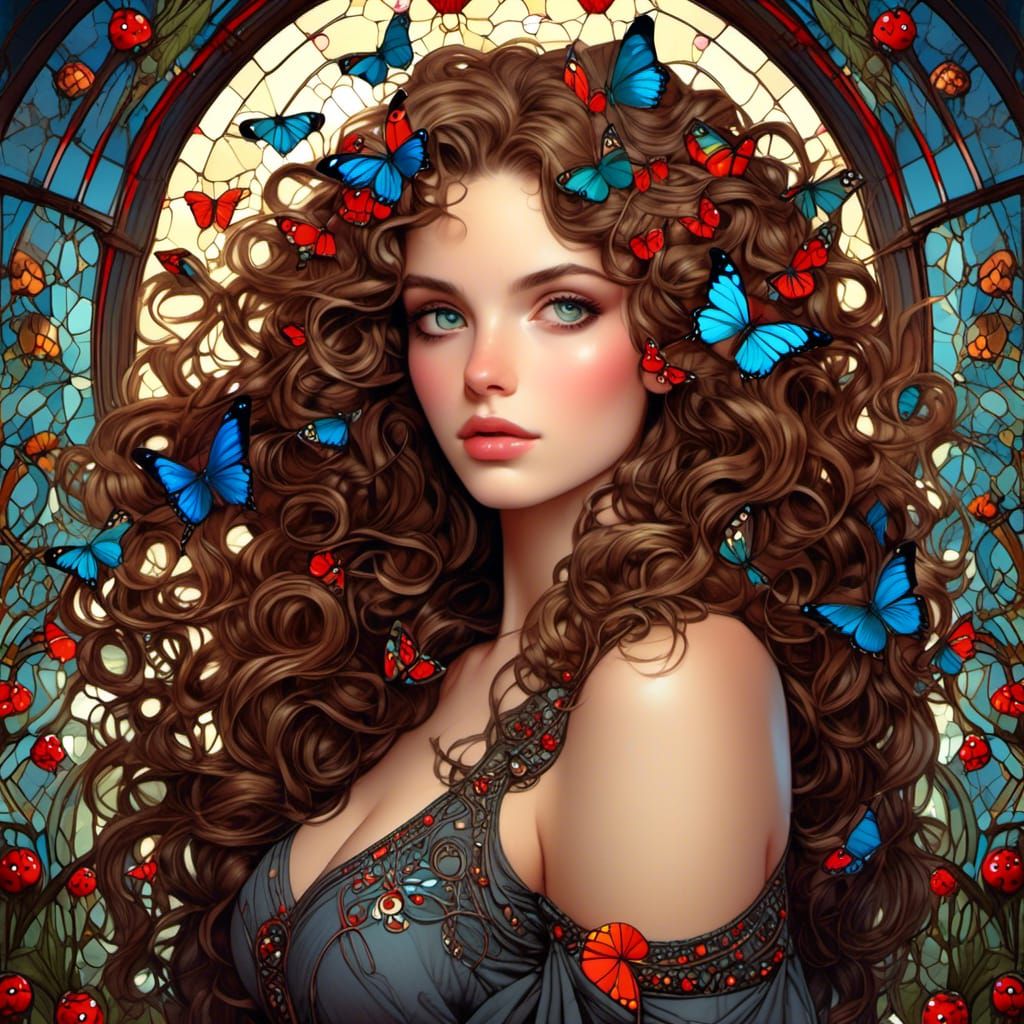 Stained Glass Woman with Curly Hair