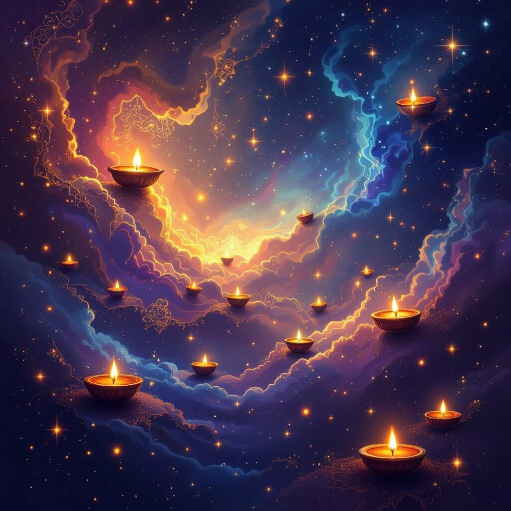 Majestic Cosmic Diwali Lights with Celestial Patterns