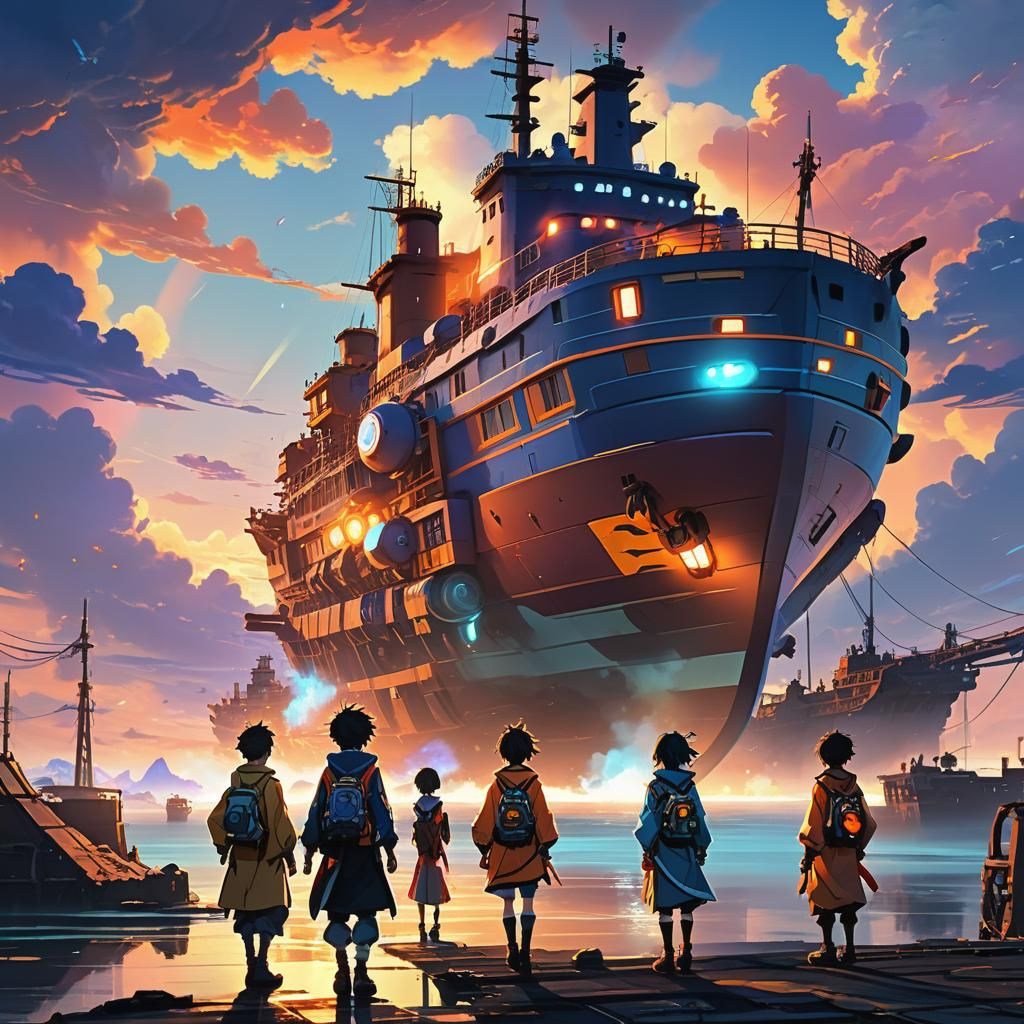 Anime Characters Watch Ship Landing in 3D Art