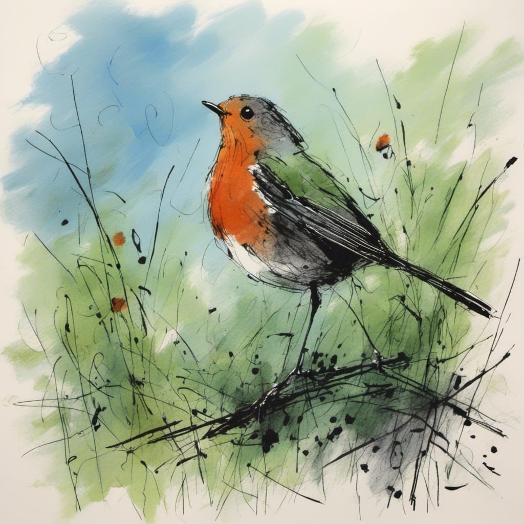 Minimalist Robin in Garden: Charcoal and Gouache
