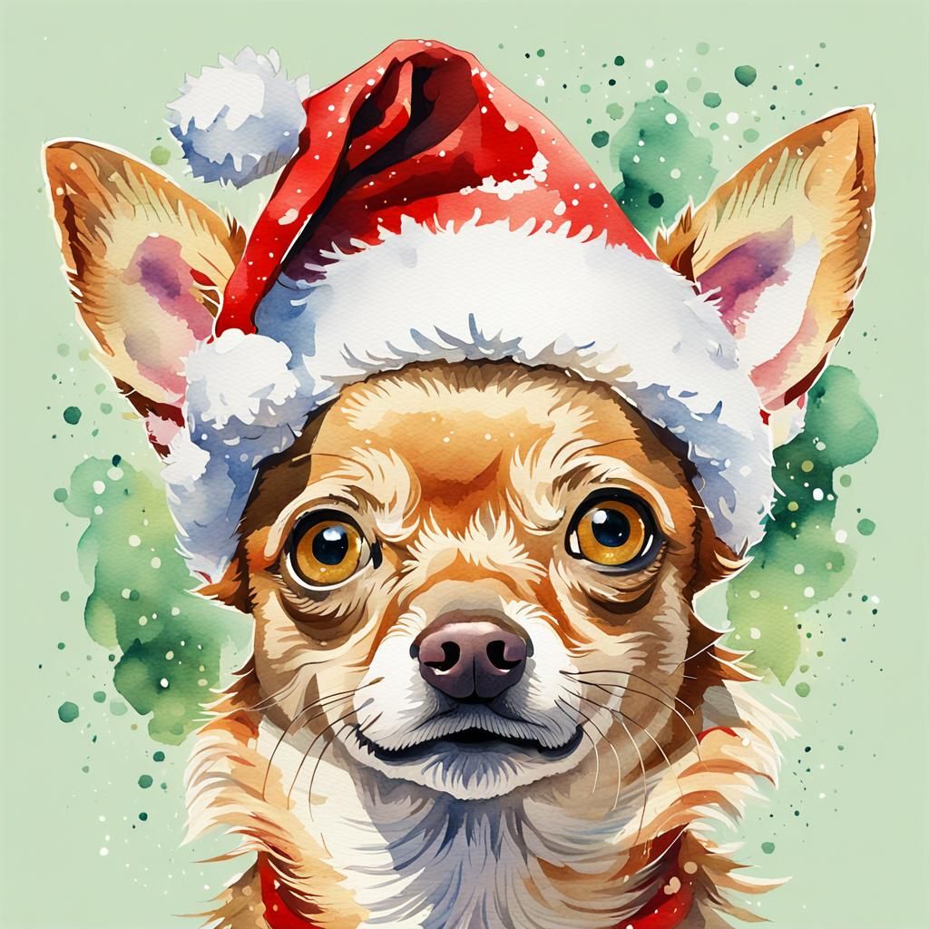 Festive Chihuahua in Santa Hat: Watercolor Anime Style