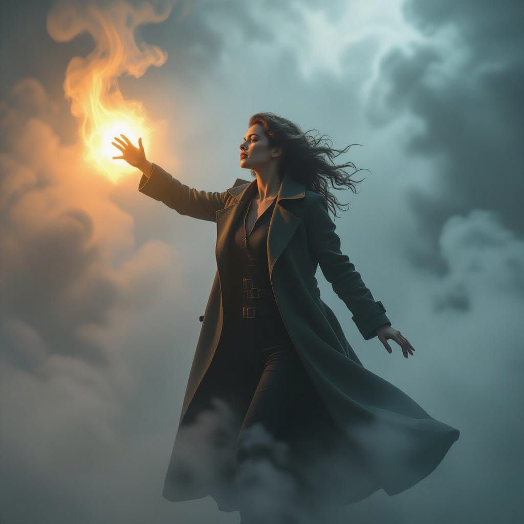 Cinematic Woman Reaching for Light in Mist