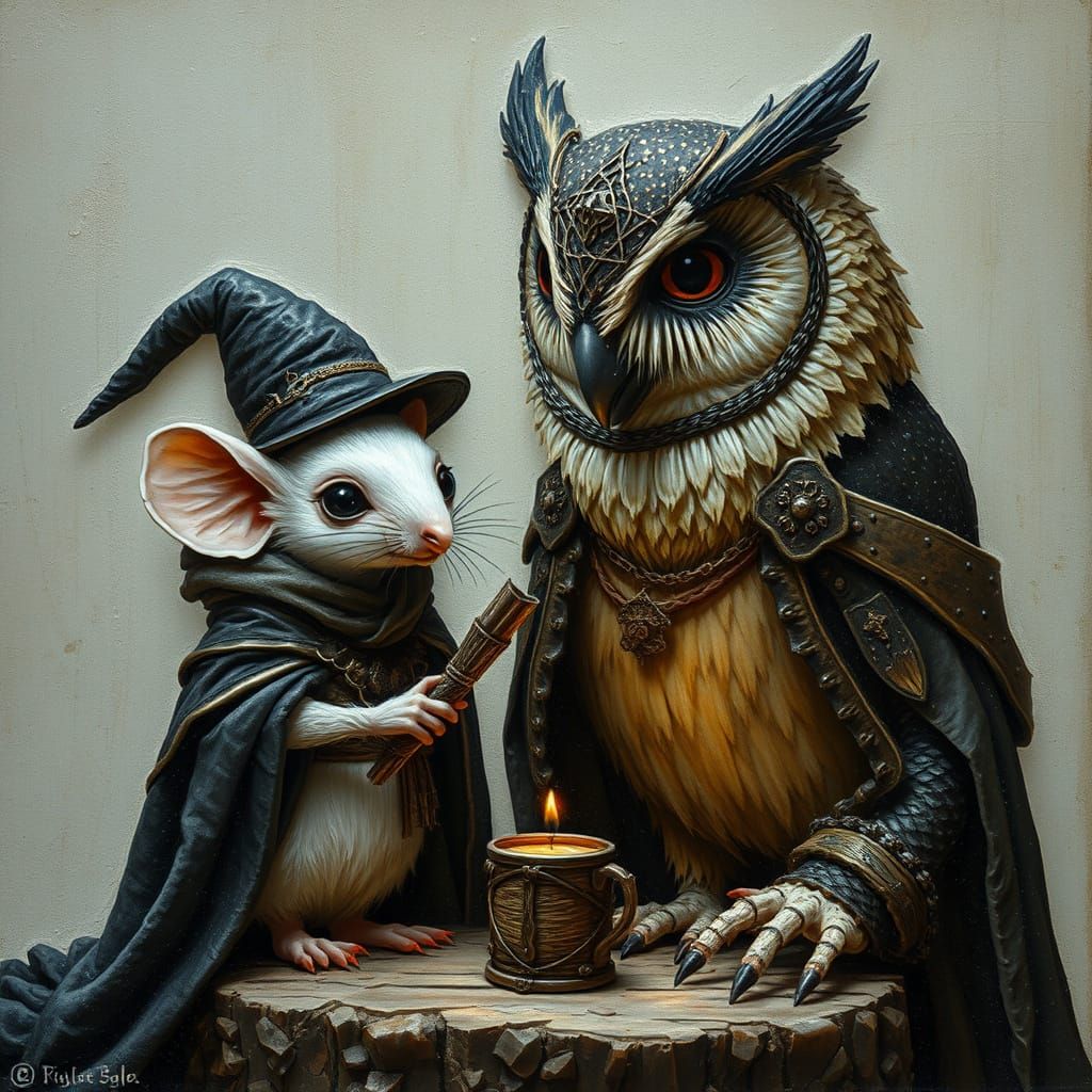 Whimsical Mouse Apprentice Taught Sorcery by Barn Owl Mentor