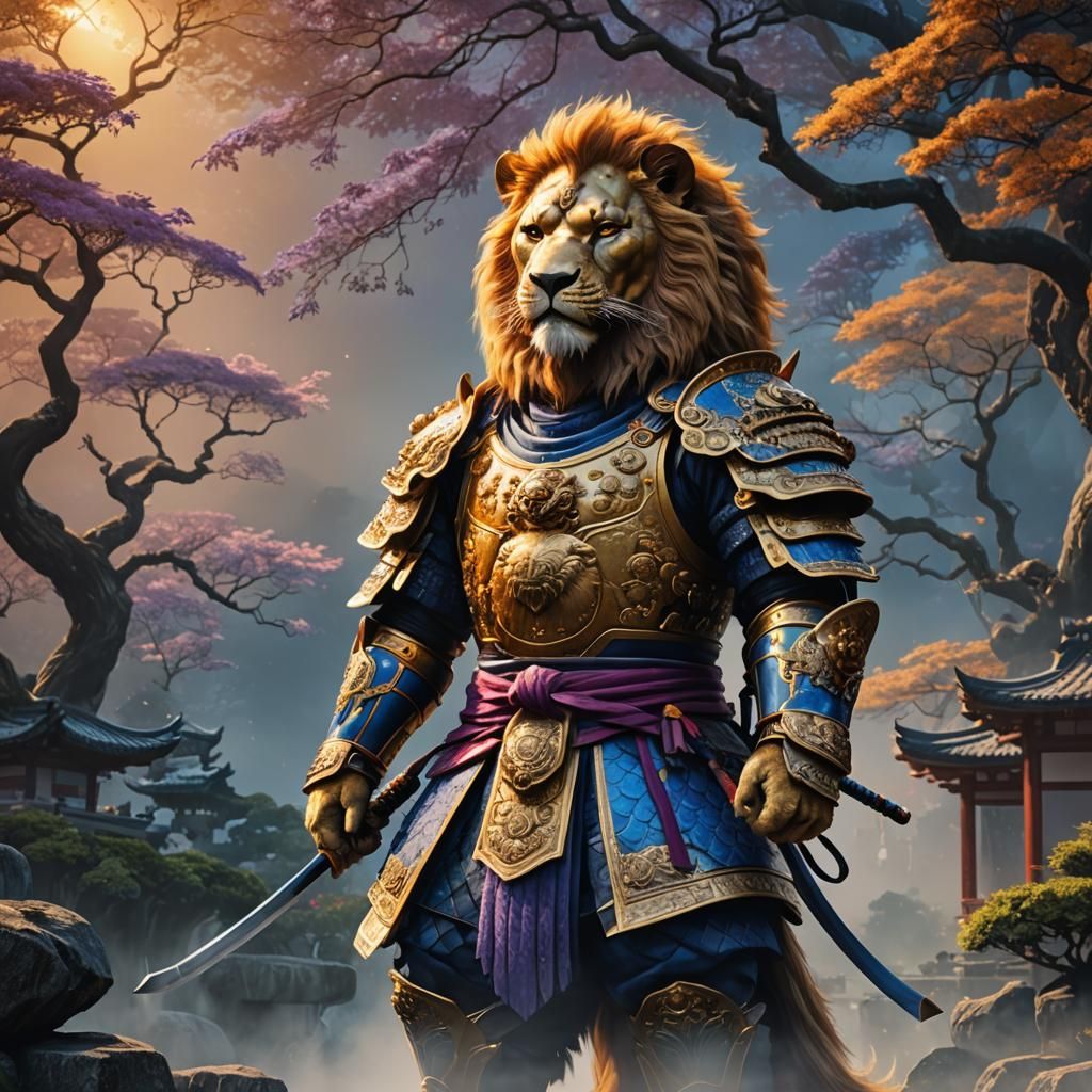 Majestic Lion Samurai Warriors in Vibrant Japanese Garden