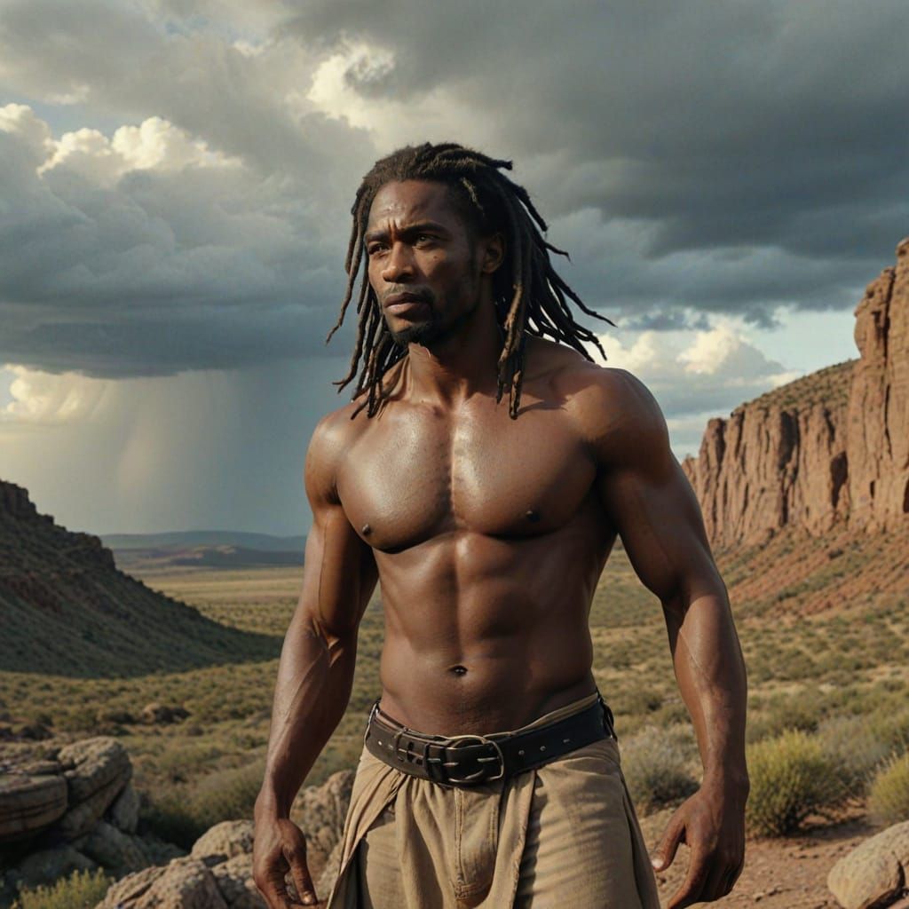 Strong Black Warrior in Earthy Landscape