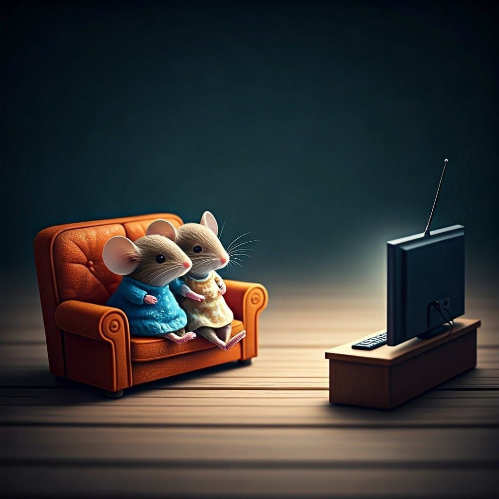 Tiny Mouse Couple Cuddling on a Couch