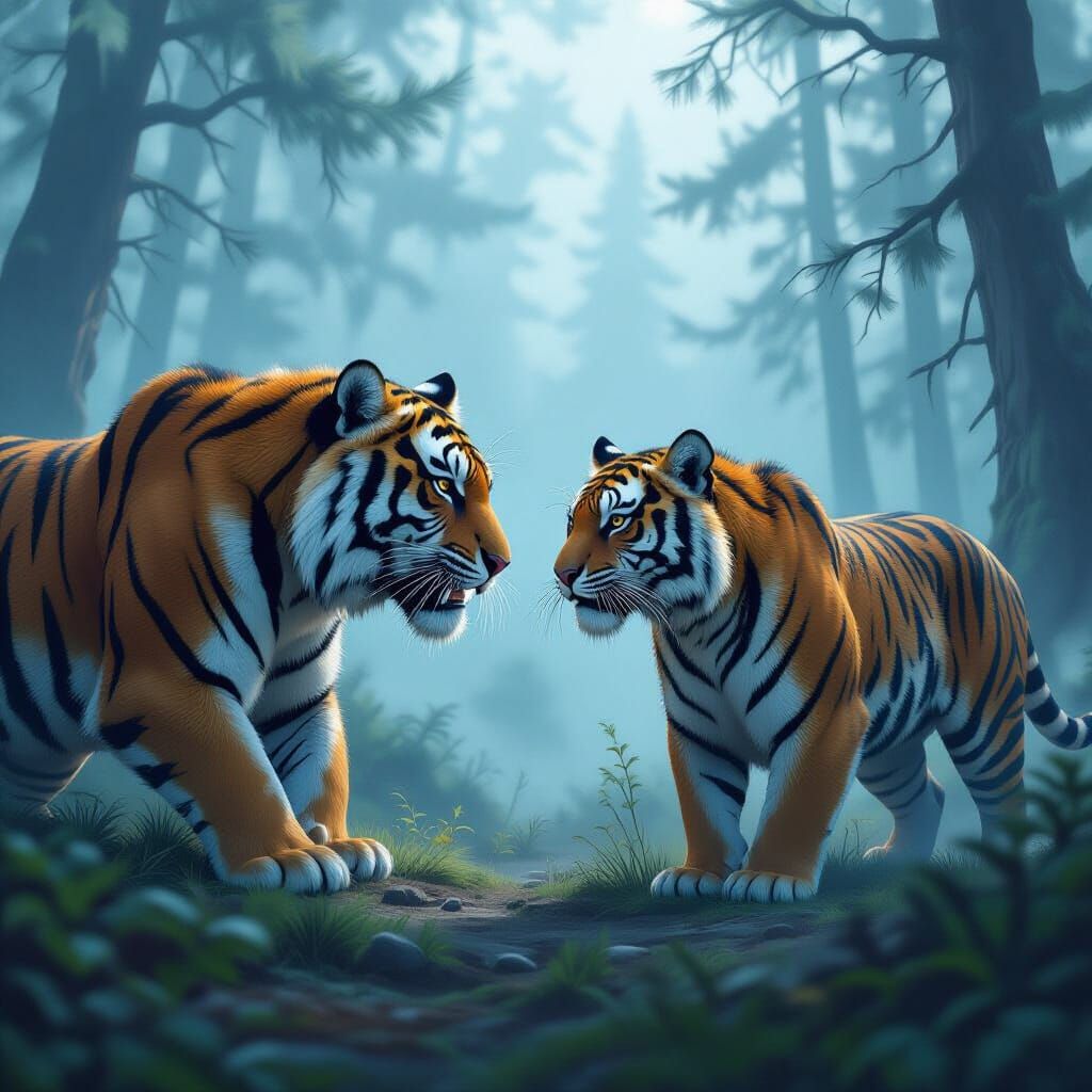 Sabertooth Tiger vs. Tiger in Mystical Forest