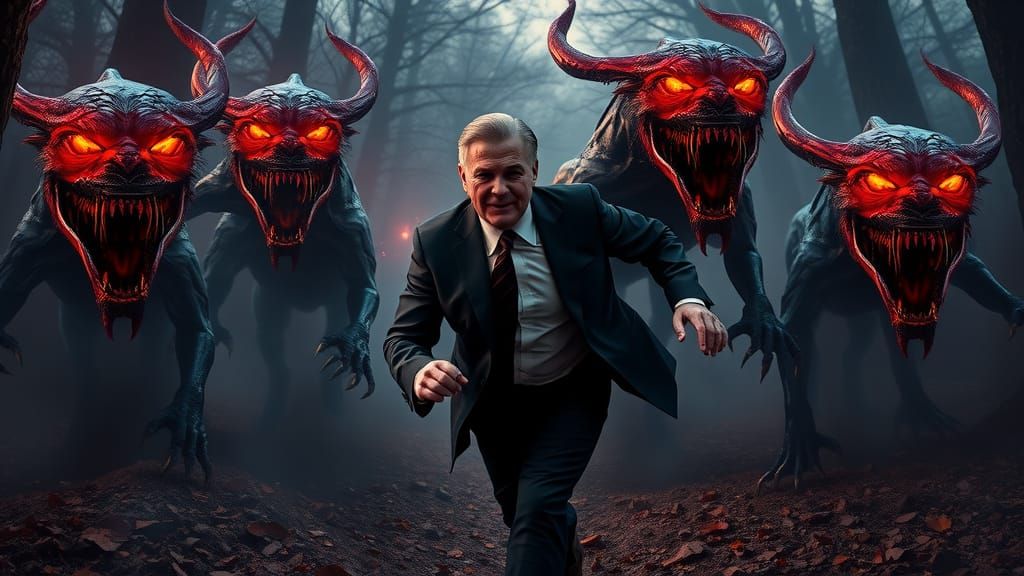 Politician Pursued by Neon Beasts in Dark Forest