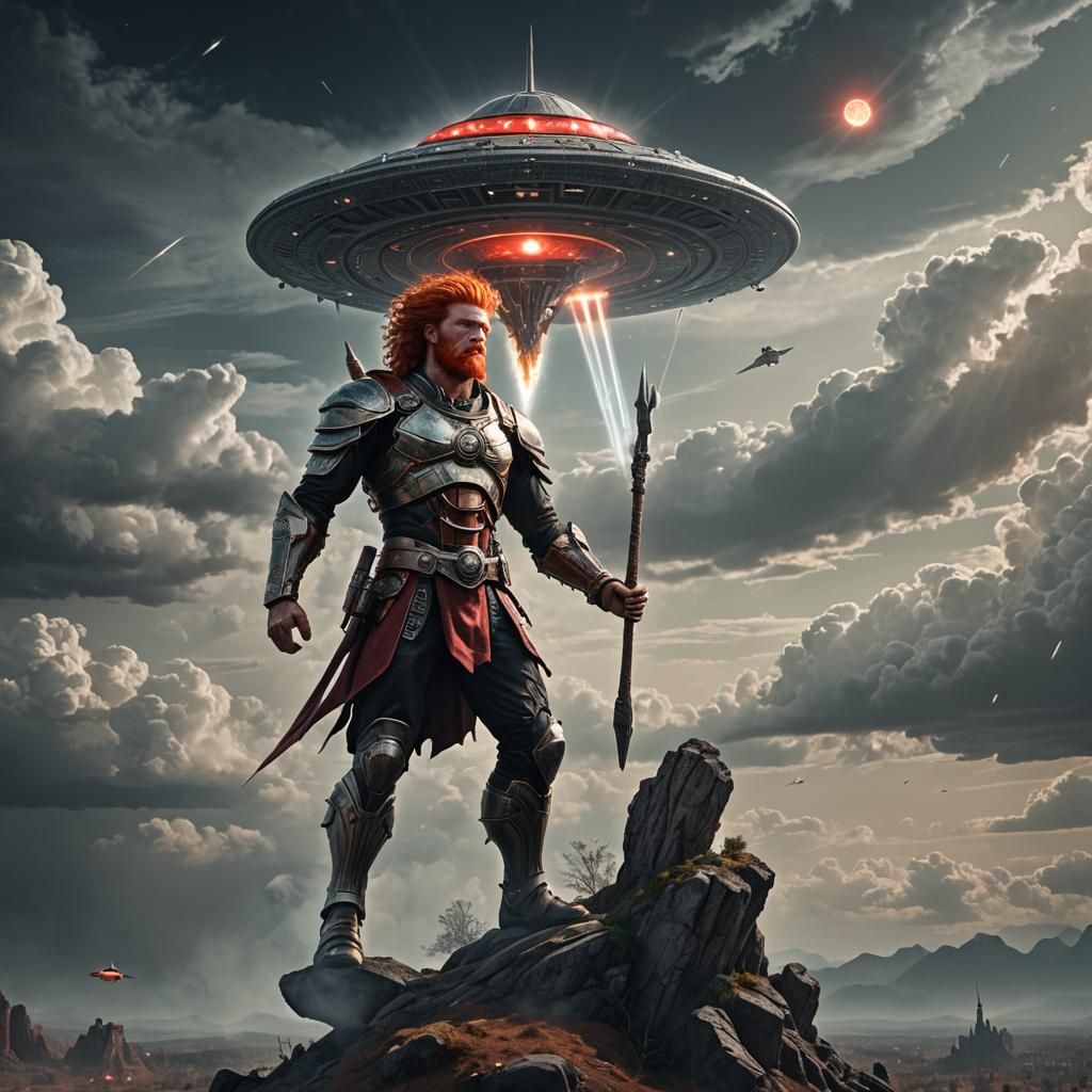 Red-Haired Giant with Spear and UFO in the Sky