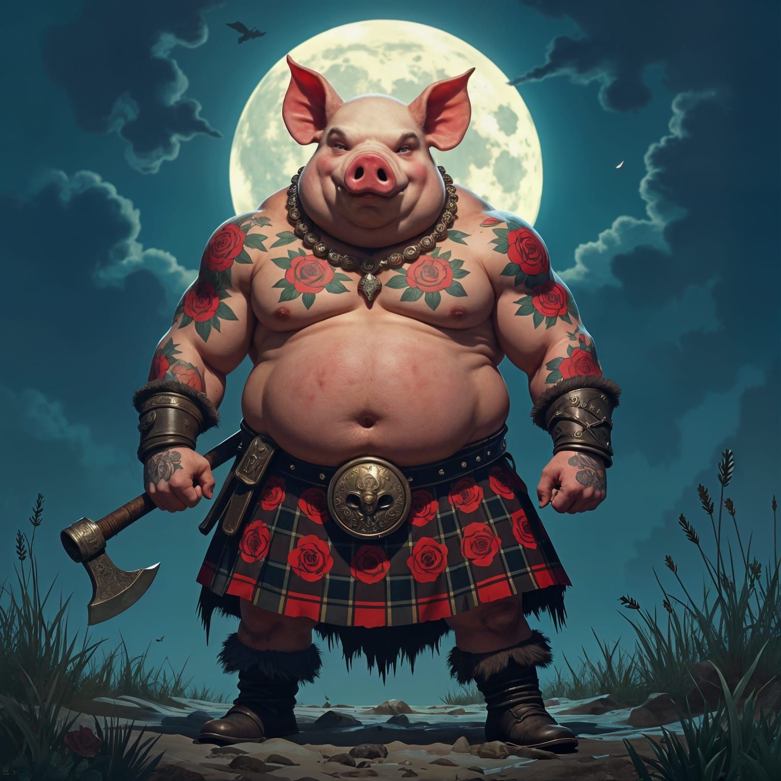 Dark Fantasy Pig-Barbarian with Rose Tattoos