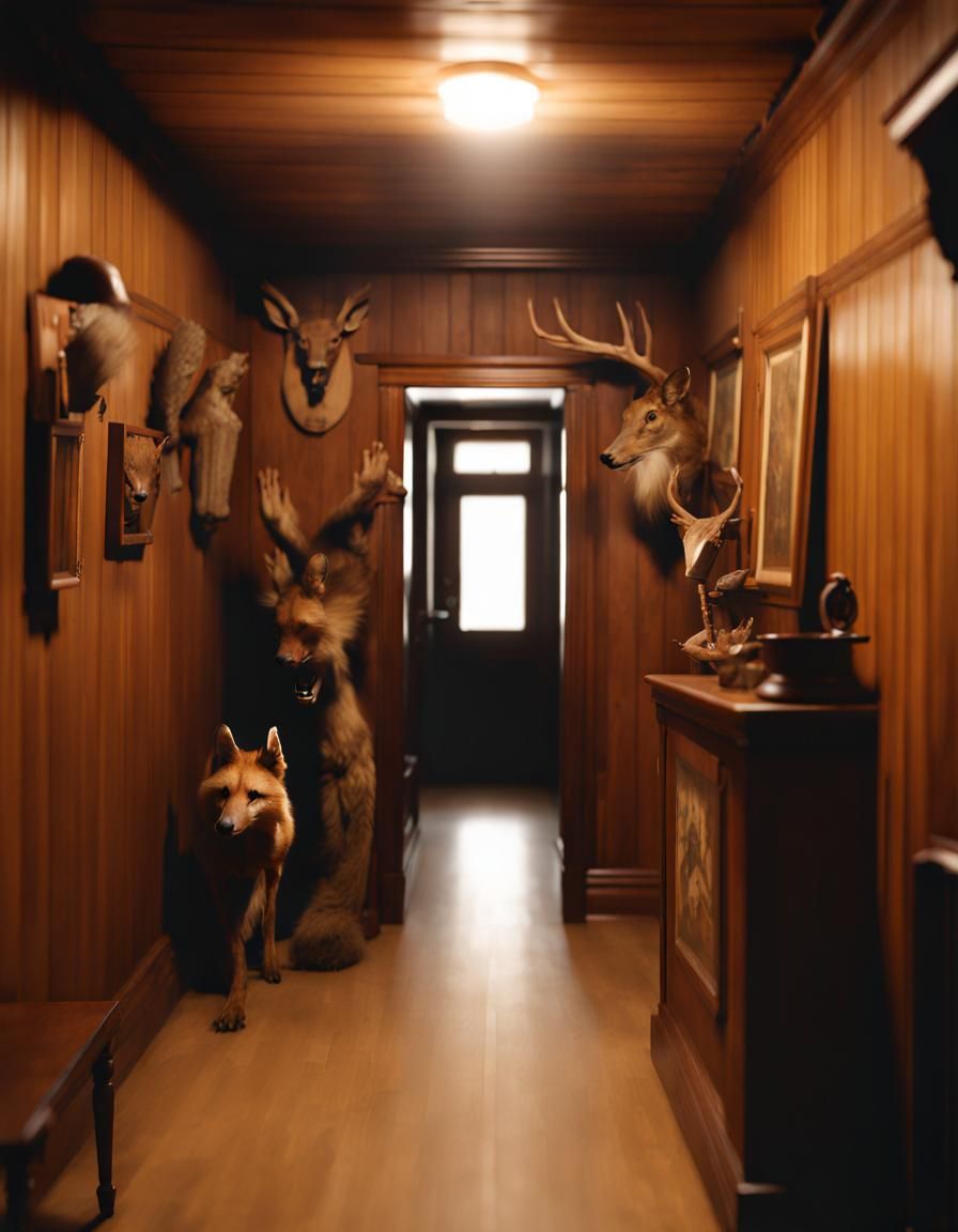Glitchy Basement Hallway with Taxidermy