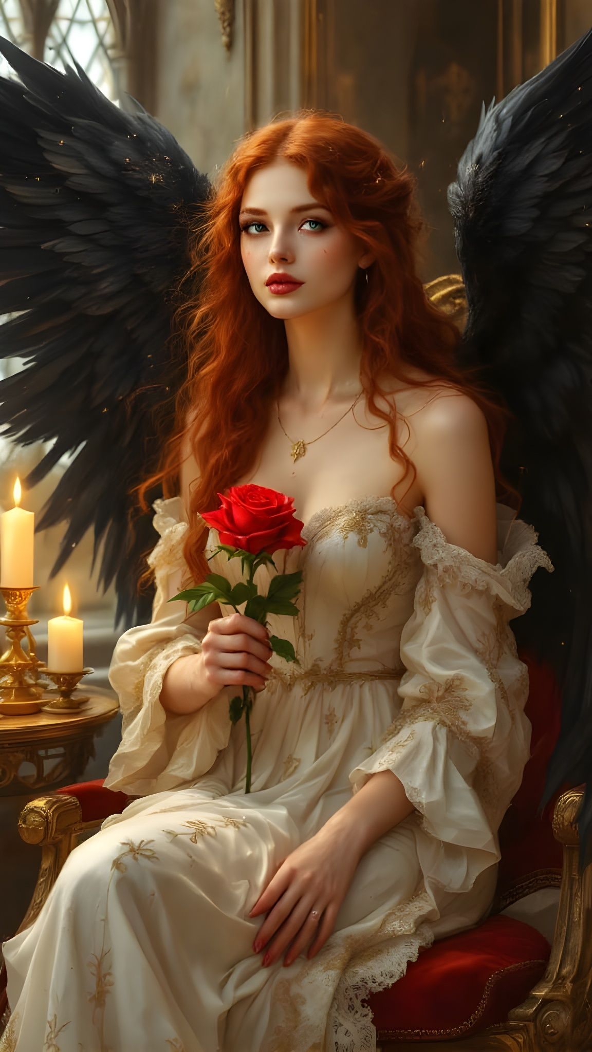 Angel Woman in Pre Raphaelite Oil Painting with Red Rose and...