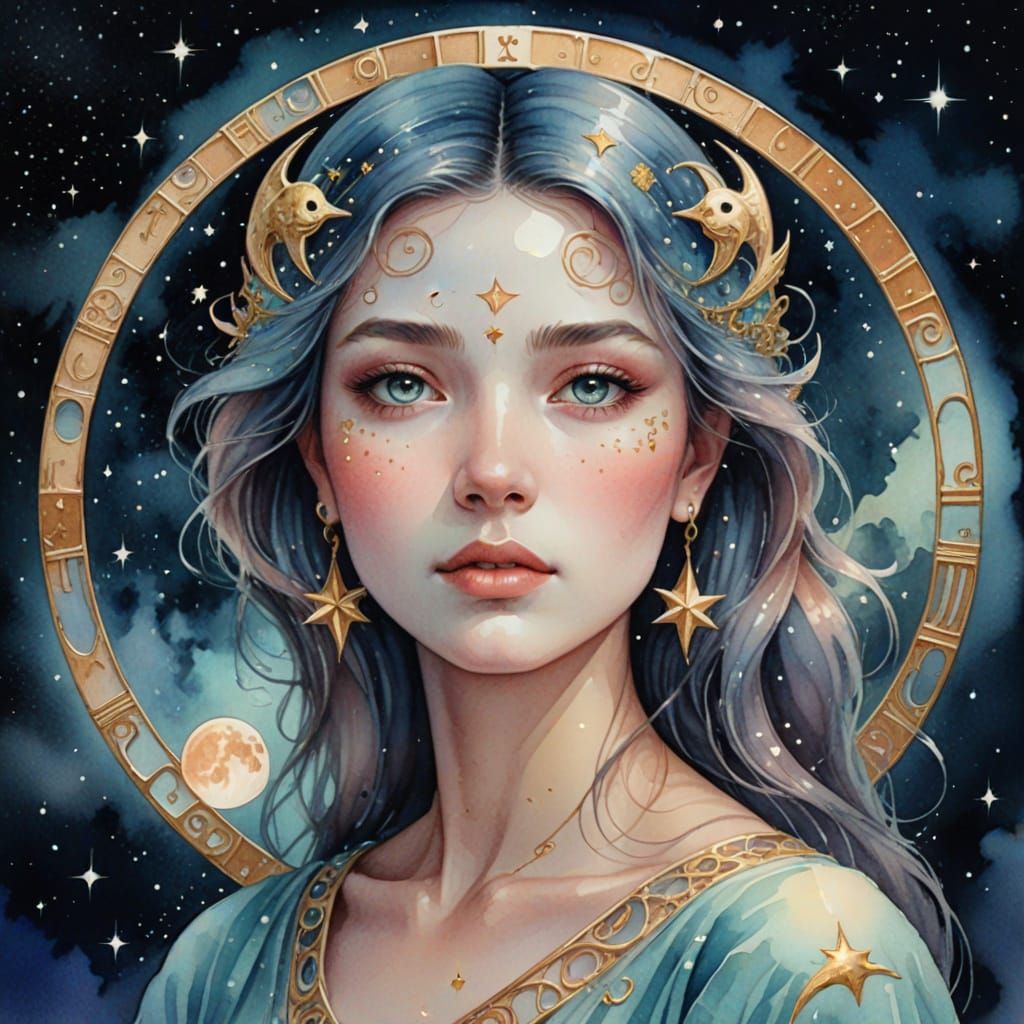 Surreal Watercolor Portrait of a Woman on the Moon