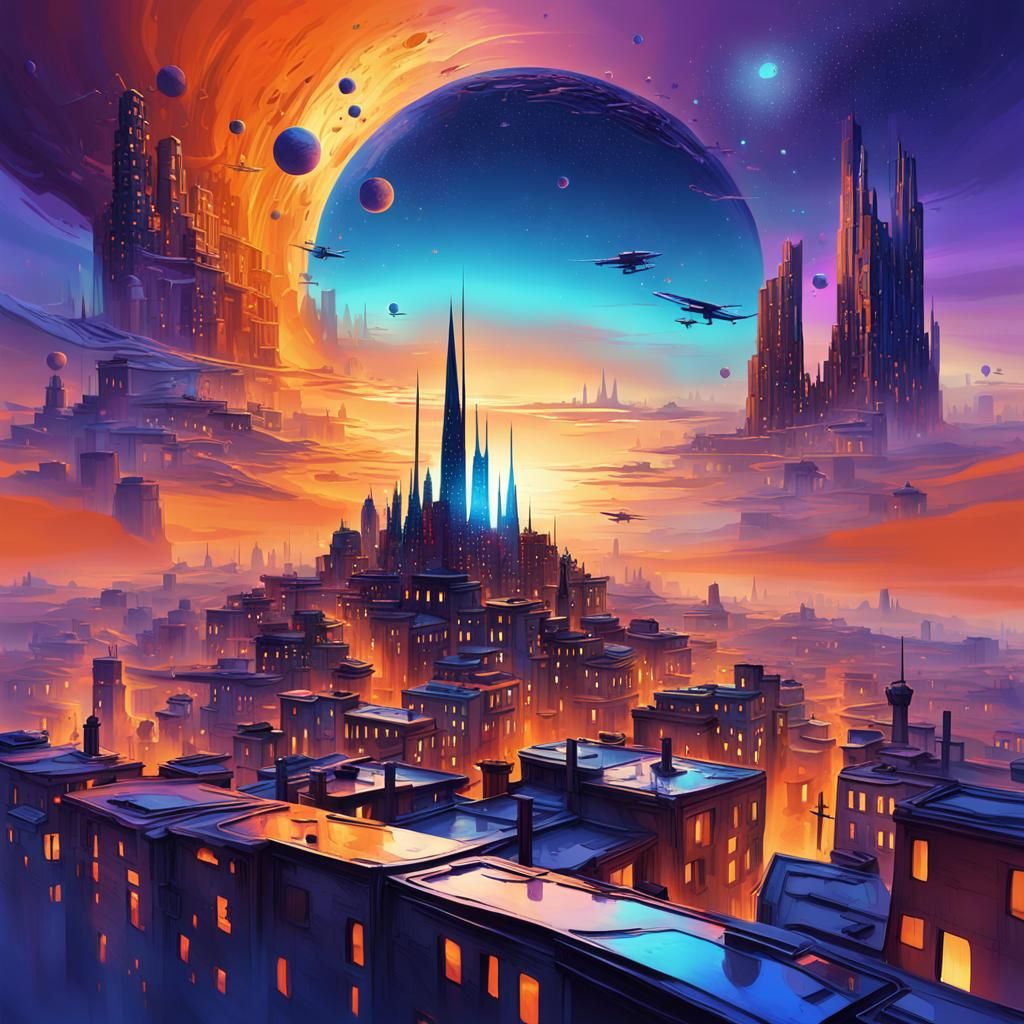 Surreal Futuristic Cityscape at Sunset in Digital Art