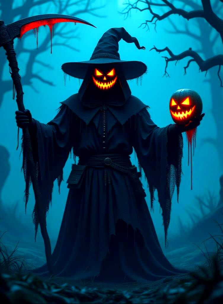 Menacing Scarecrow Wields Scythe in Gothic Horror Scene