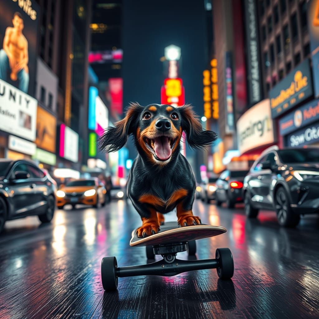 Dachshund Rides Skateboard Through Times Square at Night