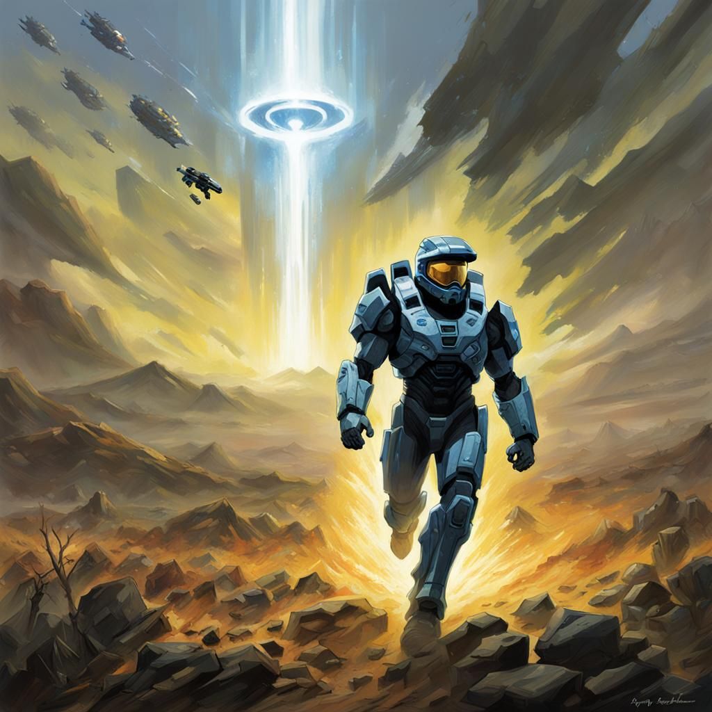 Exploding Ring: Soldier and AI Companion in Dark Fantasy Art