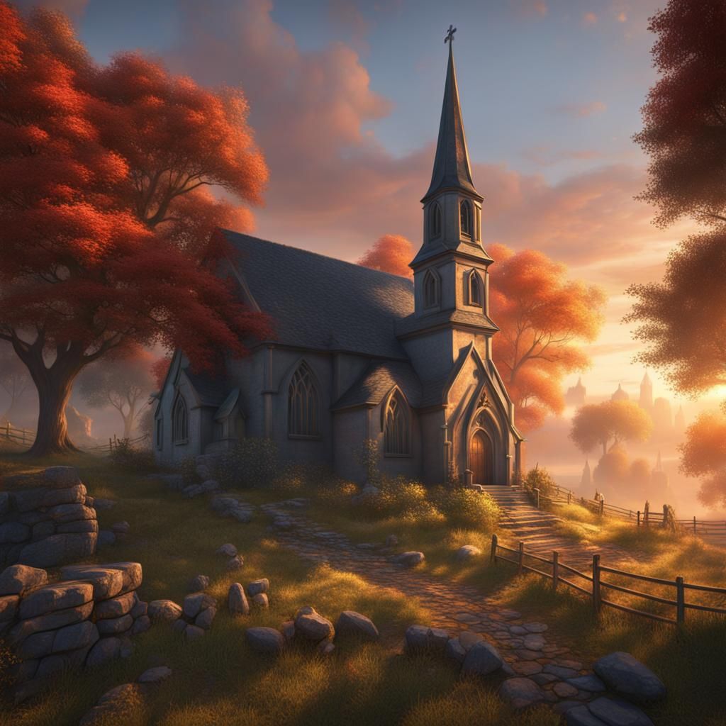 Country Church at Sunrise: Landscape Painting