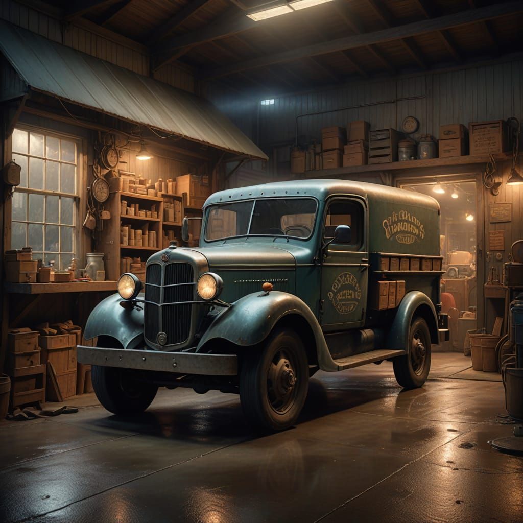 Ethereal Fantasy: Woman Poses with Vintage Truck in Misty Ga...