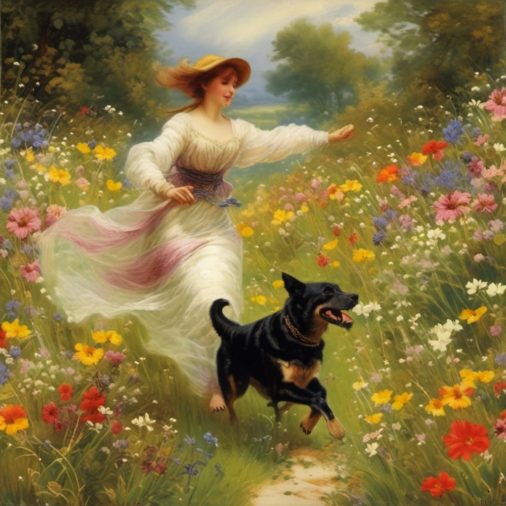 Woman and Dog in Meadow, Arthur Wardle Style