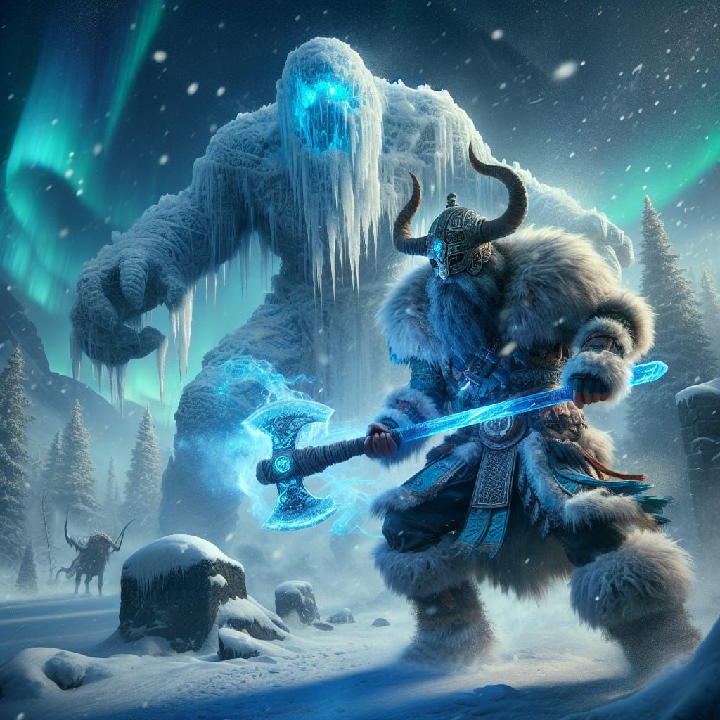 Viking Warrior Battles Frosty Ice Golem in Epic Fantasy Scen...