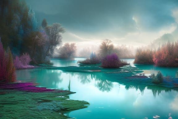 Crystallized Colorful Lake in Hyperdetailed Fantasy Art