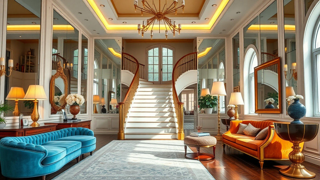 Art Deco Study with Majestic Stairway and Mirrored Walls
