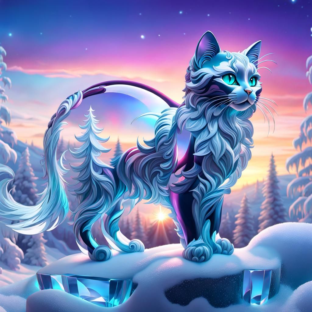 Icy Glass Cat in Snowy Rococo Landscape