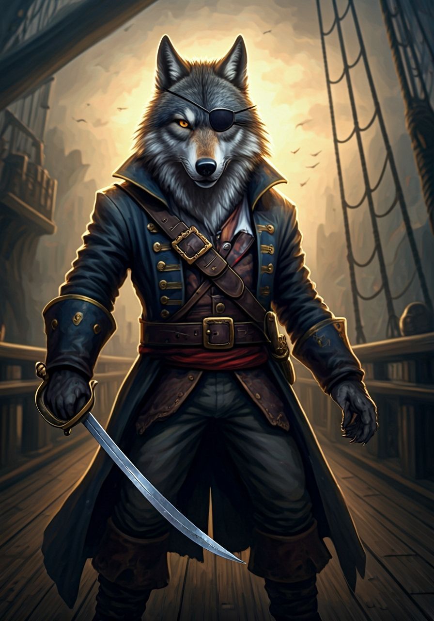 Wolf Pirate Captain on Ship in Digital Art Style