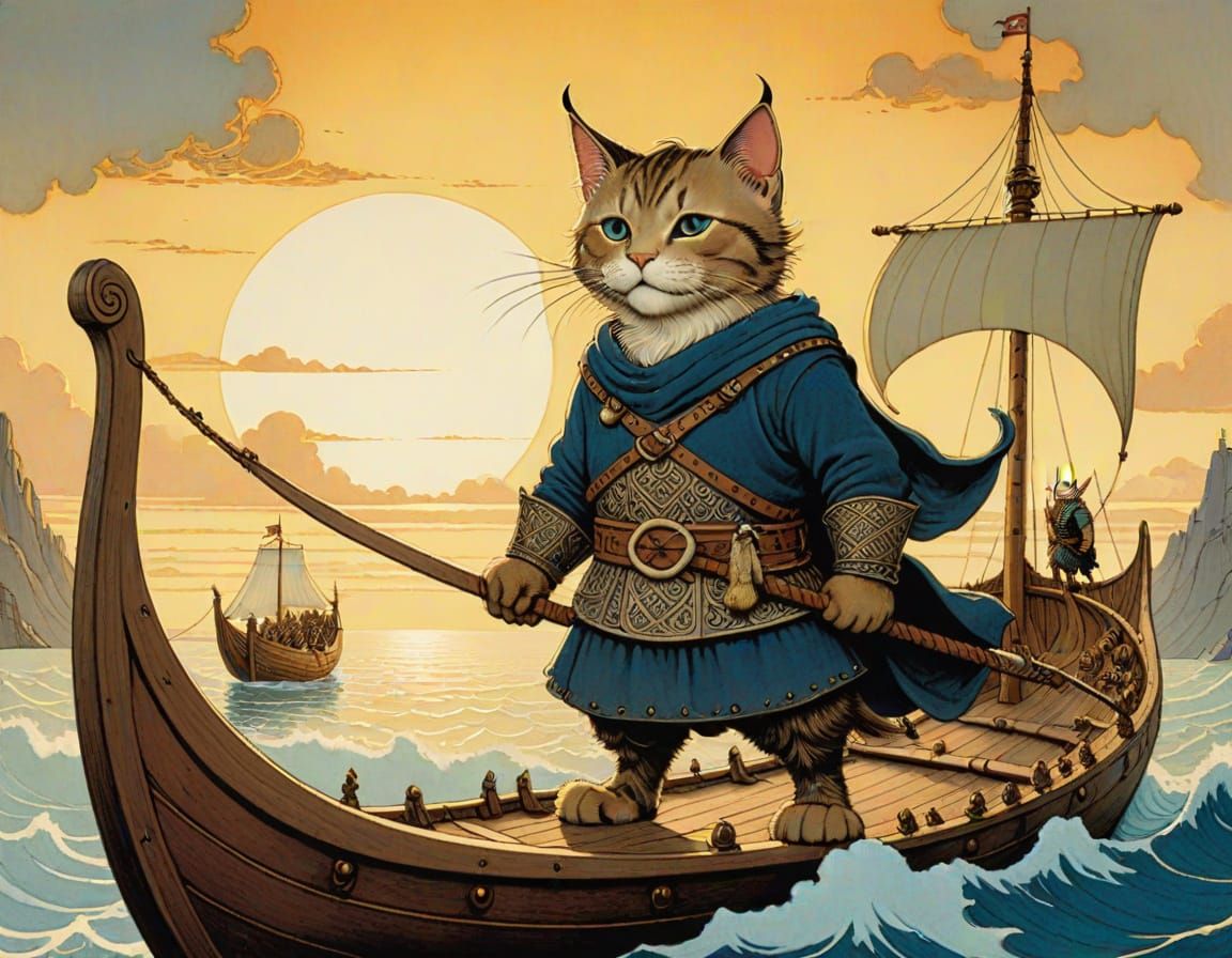 Viking Cat Warrior on Longship, Illustrated Style