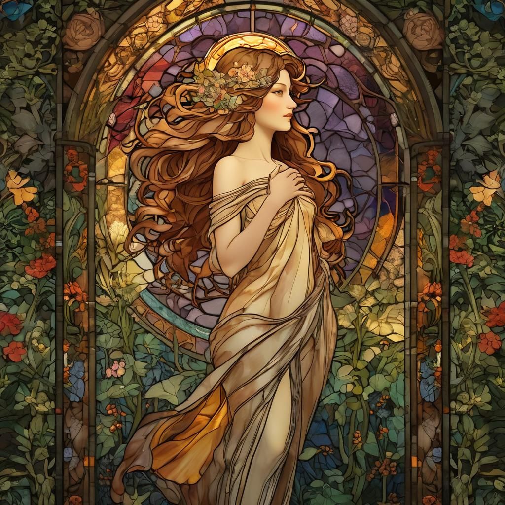 Art Nouveau Stained Glass: Mother Nature in Golden Hour