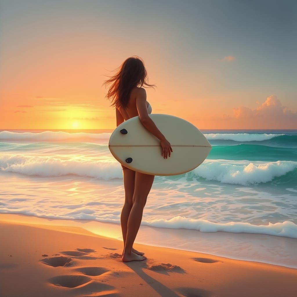 Serene Surfer Girl Basks in Sunset Glow